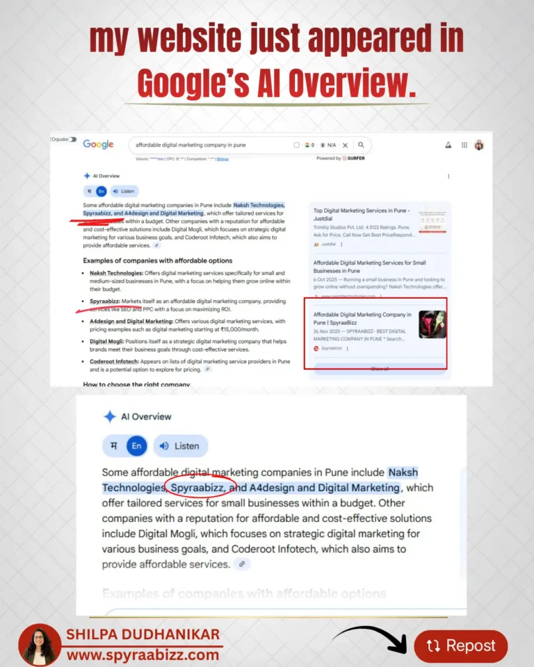 Search Engine Optimization results achieved by SpyraaBizz in Pune